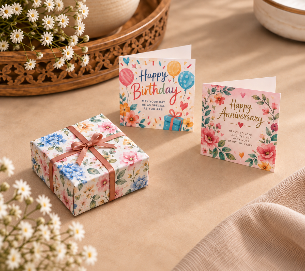 Wrapped gift with Happy Birthday and Happy Anniversary printed cards